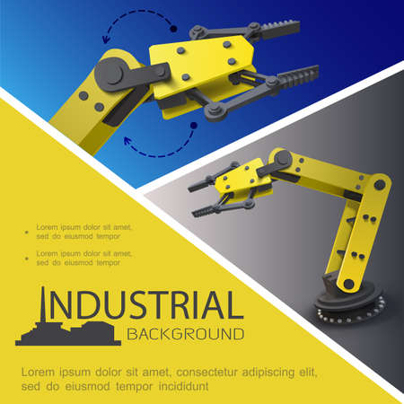Realistic industrial composition with automated robotic arms on blue and gray backgrounds vector illustrationのイラスト素材