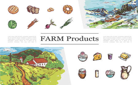 Sketch farm products collection with bread vegetables cheese milk yogurt butter honey cream and nature landscapes with country houses vector illustrationのイラスト素材
