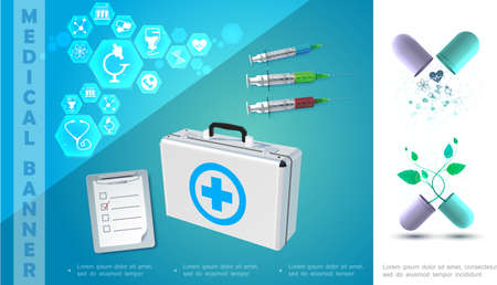 Realistic medicine colorful composition with notepad syringes broken capsules medical box and icons in hexagons vector illustrationのイラスト素材