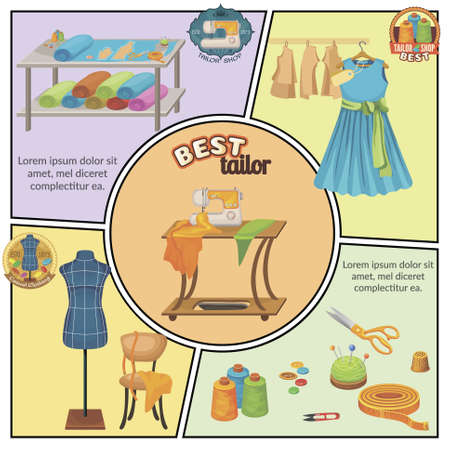 Flat tailoring colorful composition with dress sewing machine scissors measuring tape thimble thread spools dummy fabric buttons vector illustrationのイラスト素材