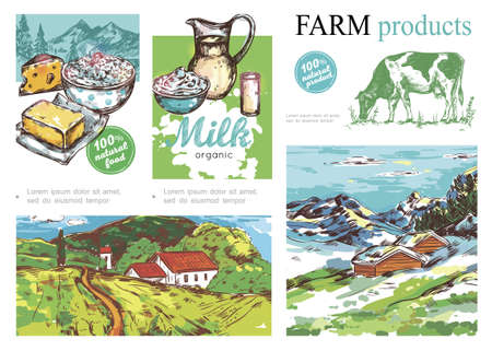 Sketch farm colorful composition with dairy products cow summer and winter rural landscapes vector illustrationのイラスト素材