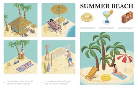 Isometric summer vacation composition with hat cocktail baggage palm trees recliner bungalow hotel...