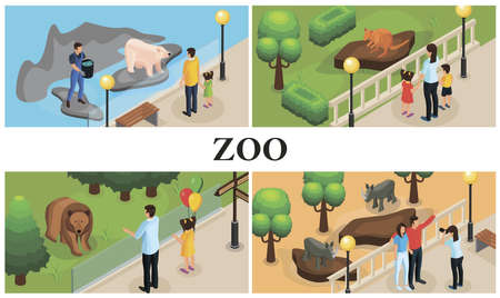 Isometric zoo animals colorful composition with parents children zookeepers rhinos kangaroos polar and brown bears vector illustrationのイラスト素材
