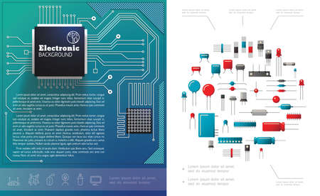 Flat electronic components concept with electric circuit board microchips diodes capacitors and...
