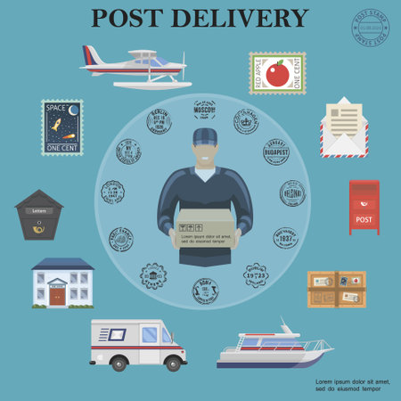 Flat post service round concept with postman float plane van yacht postbox parcel envelope letter stamps post office vector illustrationのイラスト素材