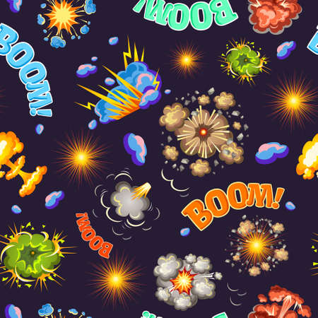 Comic style explosions seamless pattern with typographic lettering stars and lightnings on black...