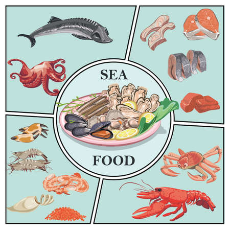 Flat sea food concept with sturgeon crab lobster prawns shrimps caviar herring zander trout meat mussels oysters vector illustrationのイラスト素材