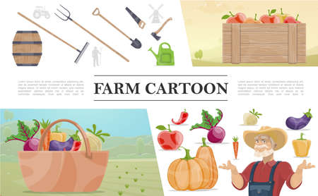 Cartoon farming colorful concept with farmer wooden barrel manual labor tools crate of apples basket of vegetables vector illustrationのイラスト素材