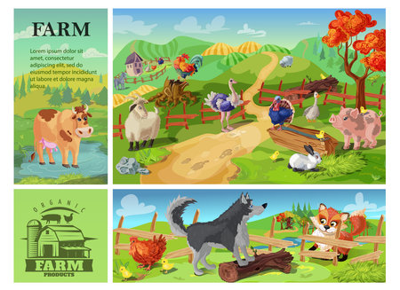 Cartoon farm animals composition with cow goat pig sheep rooster rabbit ostrich turkey on rural landscape and dog defending chicken from fox vector illustrationのイラスト素材