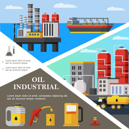 Flat oil industry colorful template with tanker petrochemical plant fuel truck canister pipeline valve gas station pump nozzle vector illustrationのイラスト素材