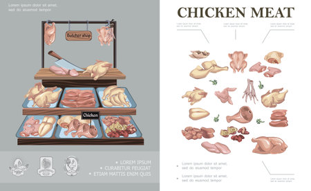 Butcher shop colorful concept with chicken legs wings thigh feet breast neck fillet ham liver heart on counter vector illustrationのイラスト素材