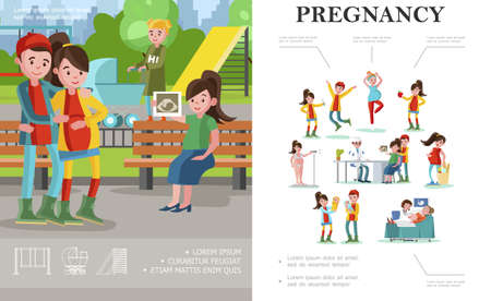 Flat pregnancy and motherhood concept with future parents walking in park and pregnant women in different situations vector illustrationのイラスト素材
