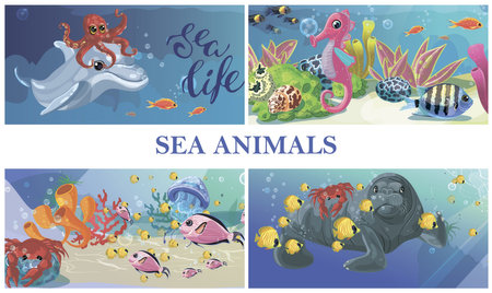 Cartoon sea underwater life concept with dolphin octopus seahorse seal crab jellyfish fishes seaweeds vector illustrationのイラスト素材