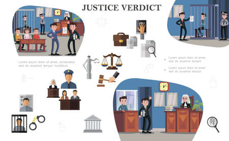 Flat law system elements composition with documents justice scales gavel prisoner police officer judge lawyers different situations at court hearings vector illustrationのイラスト素材