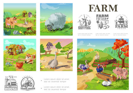 Cartoon farm animals colorful composition with sheep pig cow turkey rooster goose rabbit goat goose chicken on rural landscape and farming emblems vector illustrationのイラスト素材