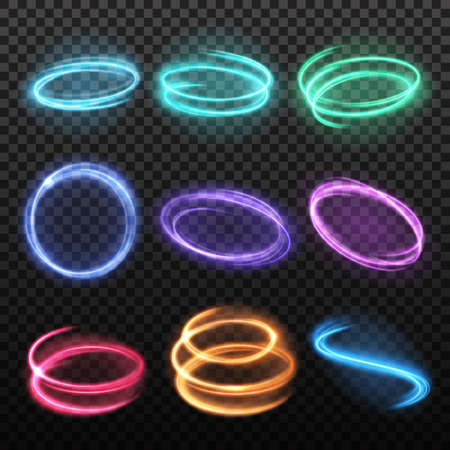 Set of nine isolated neon blurry circles at motion of different colour on dark transparent background vector illustrationのイラスト素材