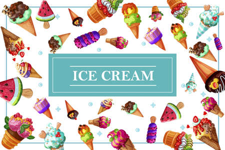 Cartoon tasty ice cream concept with fresh sundae and icecreams with chocolate nuts vanilla orange watermelon cherry raspberry gooseberry flavors vector illustrationのイラスト素材