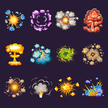 Comic explosions decorative icons set with blast waves circles of smoke on black background isolated vector illustrationのイラスト素材