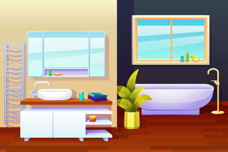 Bath room indoor interior design composition with wash basin radiator mirror window and various washing stuff vector illustrationのイラスト素材