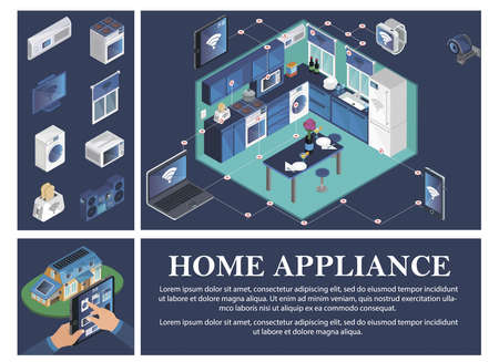 Isometric smart home concept with air conditioner stove tv jalousie washer toaster microwave music center remote control of household appliances from devices vector illustrationのイラスト素材