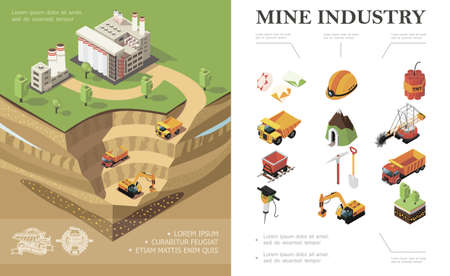Isometric mining industry concept with factory industrial vehicles digging quarry mine precious stones dynamite shovel pickaxe trees hammer drill miner helmet vector illustrationのイラスト素材