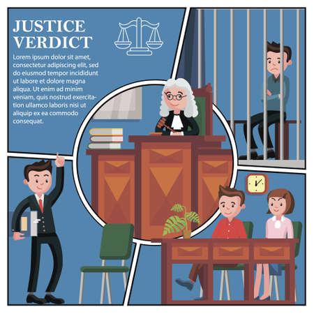 Flat judicial session participants concept with lawyer jury judge and defendant sitting behind bars vector illustrationのイラスト素材