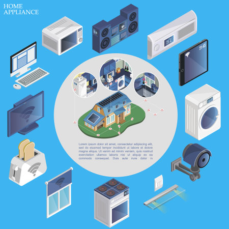 Isometric smart home round concept with remote control of microwave music center air conditioner washer jalousie camera stove toaster tv modern devices vector illustrationのイラスト素材