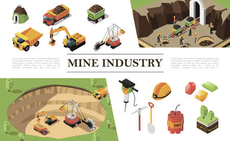 Isometric mining industry composition with quarry machine excavator heavy truck workers mine precious stones hammer drill pickaxe dynamite helmet shovel trees vector illustrationのイラスト素材