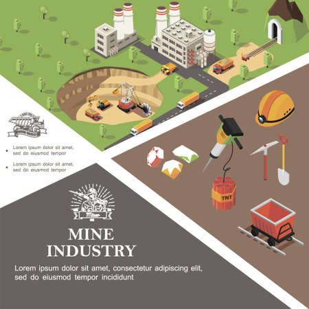 Isometric mining industry colorful template with industrial machines factory mine precious stones miner helmet trolley dynamite hammer drill shovel pickaxe vector illustrationのイラスト素材