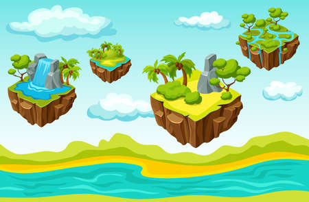 Computer game level including hanging islands with various sceneries on natural landscape background isometric template vector illustrationのイラスト素材