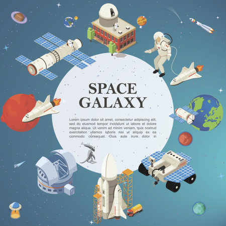 Isometric space round concept with satellite planetarium cosmic base Earth planet astronauts lunar rover shuttle rocket launch alien ufo vector illustrationのイラスト素材