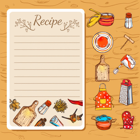 Recipe book page with empty writing field and isolated decorative cartoon dishware icons on wooden background vector illustrationのイラスト素材