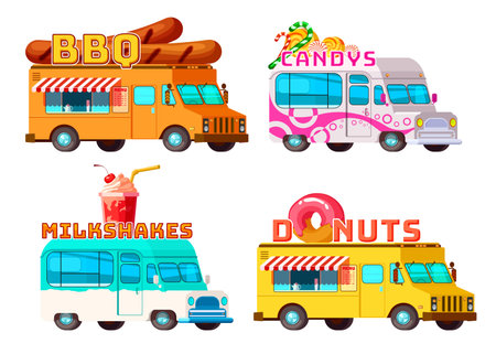 Four isolated cartoon colorful food trucks selling bbq donuts sweets and cocktails with appropriate signs vector illustrationのイラスト素材