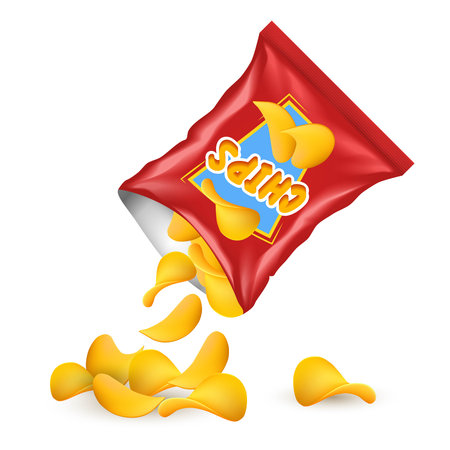 Chips package concept chips spill out of the red realistic package down to the floor vector illustrationのイラスト素材