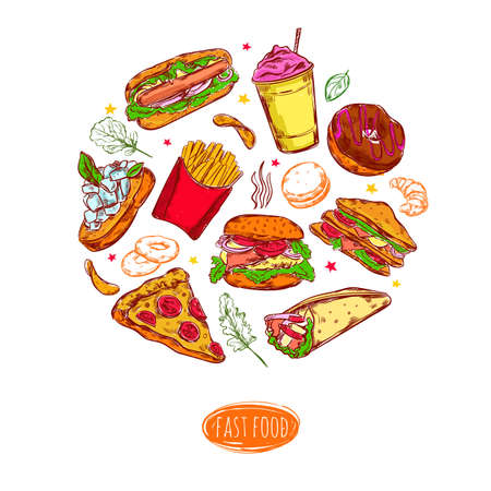 Fast food isolated colorful hand drawn elements in a round composition with food sketches and images vector illustrationのイラスト素材