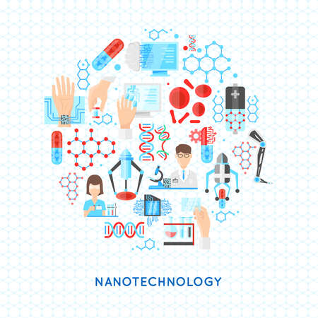 Nanotechnology round design with structures from particles dna and drugs scientific laboratory on textural background vector illustrationのイラスト素材