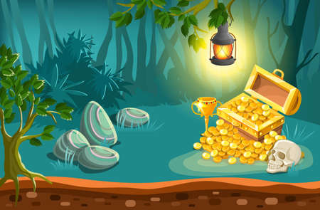 Treasure chest with cup golden coins and skull under lantern on fantasy landscape background vector illustrationのイラスト素材