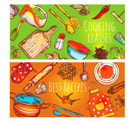 Two horizontal cooking class banners set with cartoon utensil decorative symbols tile with text colorful background vector illustrationのイラスト素材