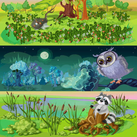 Cartoon animals banners set with hedgehog in strawberry owl under moon raccoon in reeds isolated vector illustrationのイラスト素材