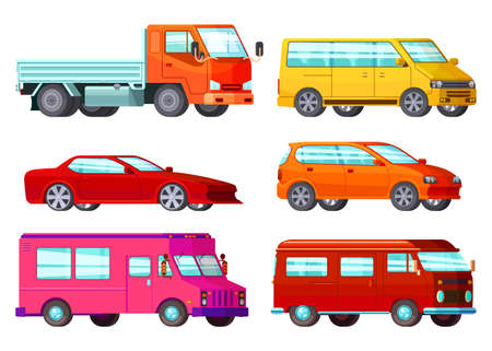 Colored and isolated orthogonal car set with different types of cars and their purpose vector illustrationのイラスト素材