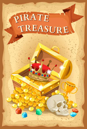 Pirate treasure poster with chest crown smiling skull and gems on beige textured background vector illustrationのイラスト素材
