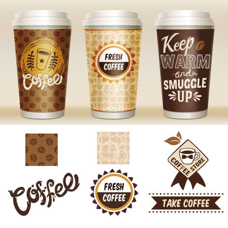 Take away coffee packaging template set with 3d paper cup and fresh coffee coffee store descriptions vector illustrationのイラスト素材