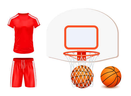 Colored basketball icon set with red sports uniforms of basketball player basket and ball vector illustrationのイラスト素材
