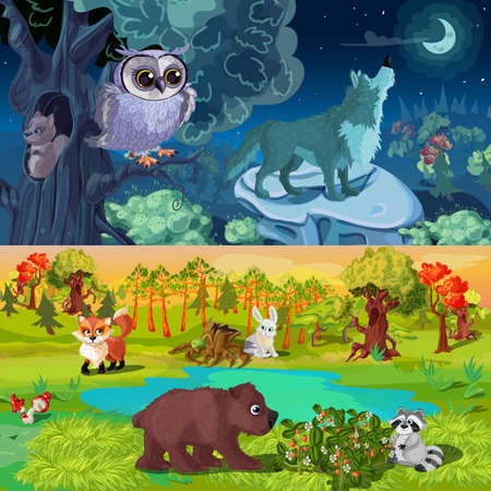 Woodland animals horizontal banners with night forest life and beasts near lake isolated vector illustrationのイラスト素材