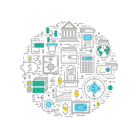 Financial business round composition with bank money and credit cards currency exchange and customer service vector illustrationのイラスト素材