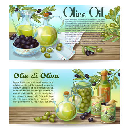 Two horizontal concepts set with olive oil editable text on drawn background with olives on wood vector illustrationのイラスト素材