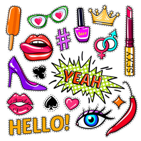Fashion pop art patches set with letterings makeup and card suits eye and lips isolated vector illustrationのイラスト素材
