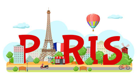 Colored paris city sign composition with big red letters and Eiffel Tower vector illustrationのイラスト素材