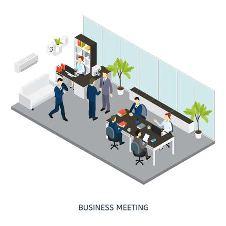 Colored 3d cabinet office isometric composition with working people on business meeting vector illustrationのイラスト素材