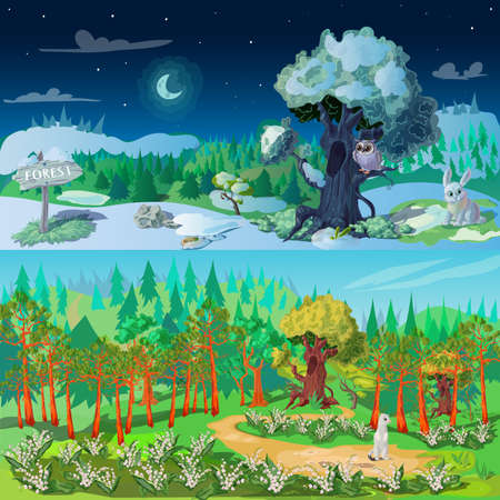 Two horizontal forest banners set with night wood and day scenery with wild tree and animals vector illustrationのイラスト素材